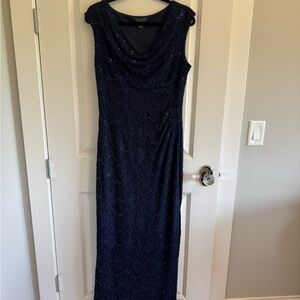 Ralph Lauren Evening Blue Sleeveless Cowl Neck Sheath Maxi Dress